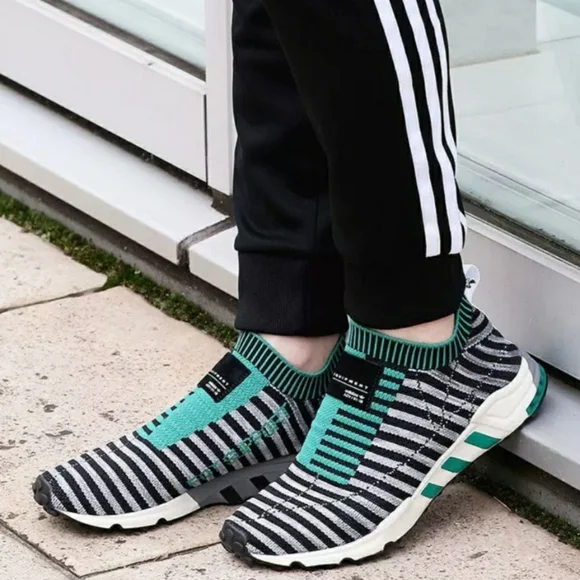 adidas Men's EQT Support SK Originals Primeknit Slip Ons Black Green Grey - Picture 2 of 11